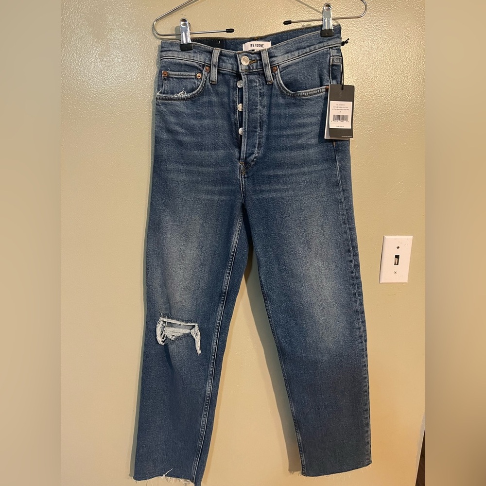 Re/Done Ultra High Rise 70S Distressed Blue Jeans button fly 26 NWT